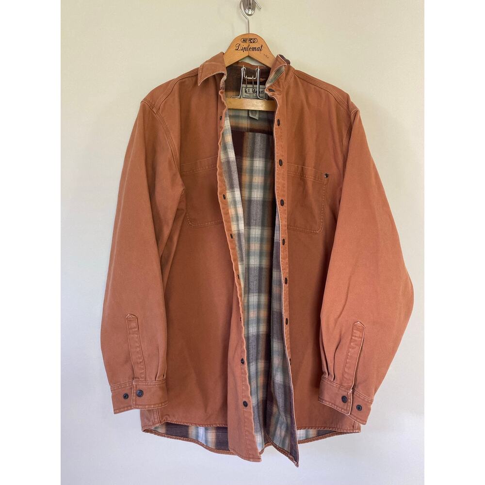 LL Bean Hurricane Flannel Lined Shirt Mens XLT Burnt Orange Snaps Canvas Pockets